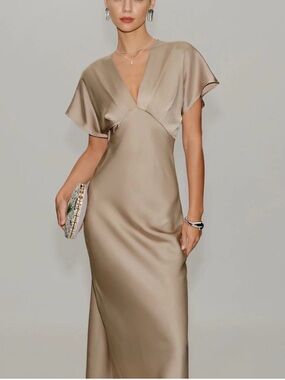 Satin V-Neck Evening Dress in Taupe Size 2